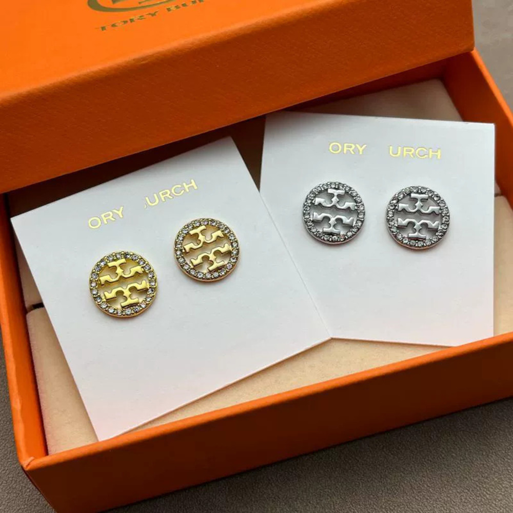 Tory Burch Gold Plated Copper Rhinestone Round Hollow Stud Earrings